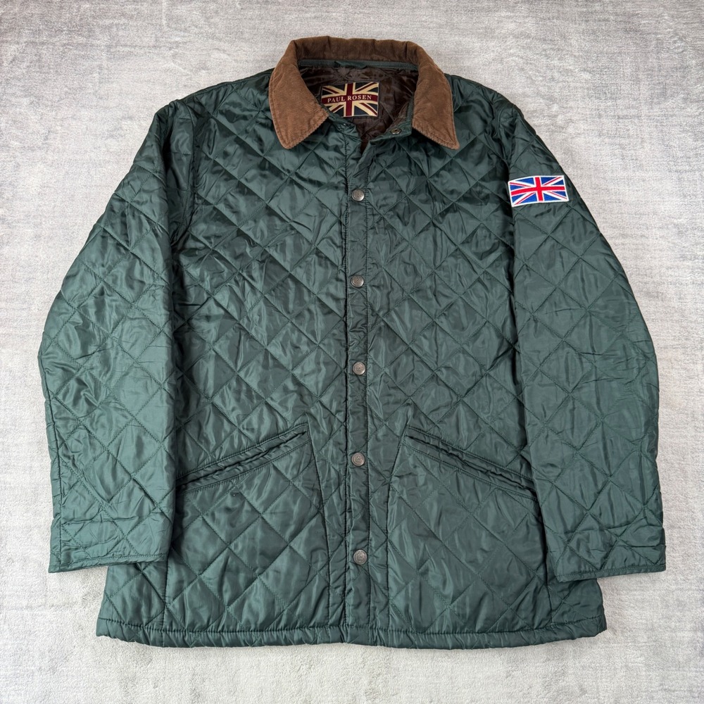 Paul Rosen Jacket Mens 56 Green Quilted Corduroy Collar Union Jack Barn Coat